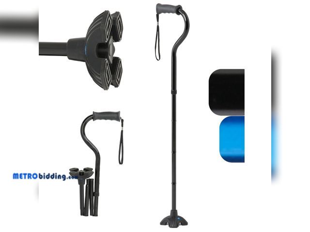Lot 88-498046 - Medline Offset Folding Cane, 4-Point Base With Cushioned Gel Handle, Supports Up To 350 Lbs, Black