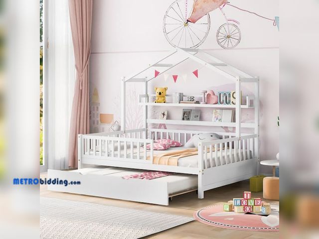 Lot 88-482826 - White Full Size Wooden House Bed with Roof, Shelves, Fence and Trundle