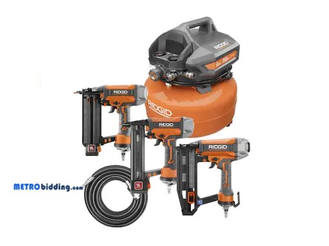 Lot 88-480591 - RIDGID 6 Gal. Portable Electric Pancake Air Compressor w/ 18GA Brad Nailer, 16GA Straight Finish Nai...