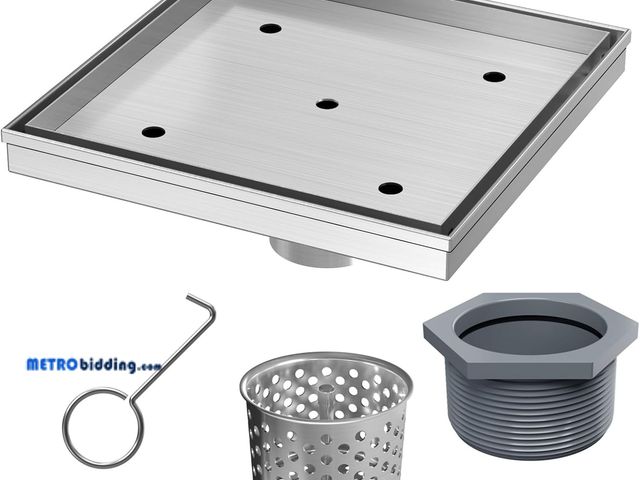 Lot 88-495758 - Sharpeye 8 Inch Square Shower Drain with Removable Tile Insert Grate, Brushed 304 Stainless Steel Sq...