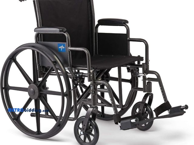 Lot 88-497475 - Medline Comfortable Folding Wheelchair with Swing-Back Desk-Length Arms and Swing-Away Footrests, 16...