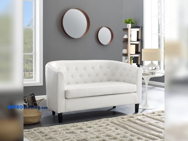 Lot 88-480844 - Emma Loveseat Button Tufted Faux Leather Barrel Loveseat, Midcentury Modern Loveseat, Comfy Loveseat...