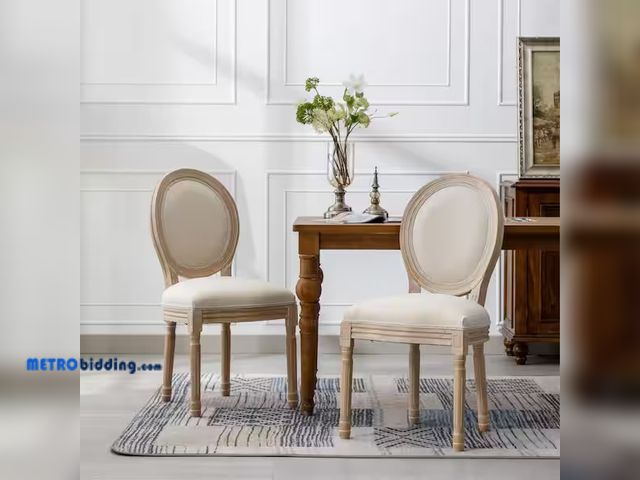 Lot 88-481398 - Cream French Style Solid Wood Frame Linen Fabric Oval Back Dining Chair Set of 2