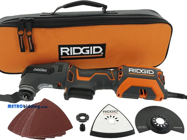 Lot 88-491648 - Ridgid R28602 JobMax 4 Amp Corded Multi Tool with Replaceable Heads (Sander Head, Sanding Pads, Cres...