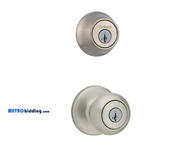 Lot 88-491788 - Kwikset Cove Satin Nickel Keyed Entry Door Knob and Single Cylinder Deadbolt Combo Pack featuring Sm...