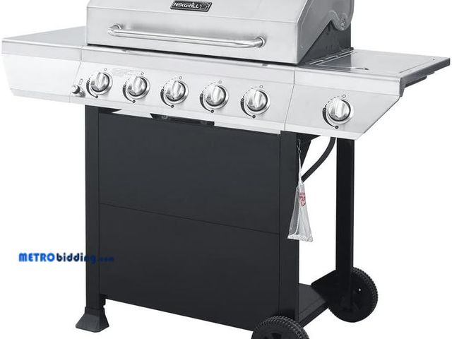 Lot 88-498802 - Nexgrill 720-0888N 5-Burner Propane Gas Grill in Stainless Steel with Side Burner and Black Cabinet