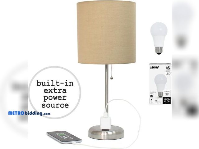 Lot 88-497457 - Simple Designs LT2024-TAN-LB 19.5" Brushed Steel Stick Table Desk Lamp with Charging Outlet and Drum...