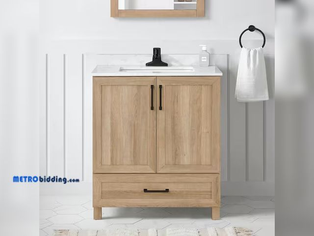 Lot 88-497229 - Tobana 30 in. Single Sink Freestanding Weathered Tan Bath Vanity with White Engineered Marble Top (A...