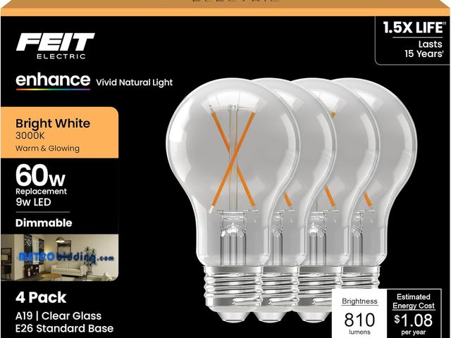 Lot 88-481499 - Feit Electric A19 LED Light Bulbs, 60W Equivalent, 810 Lumens, 3000K Bright White, High CRI 90+, Dim...
