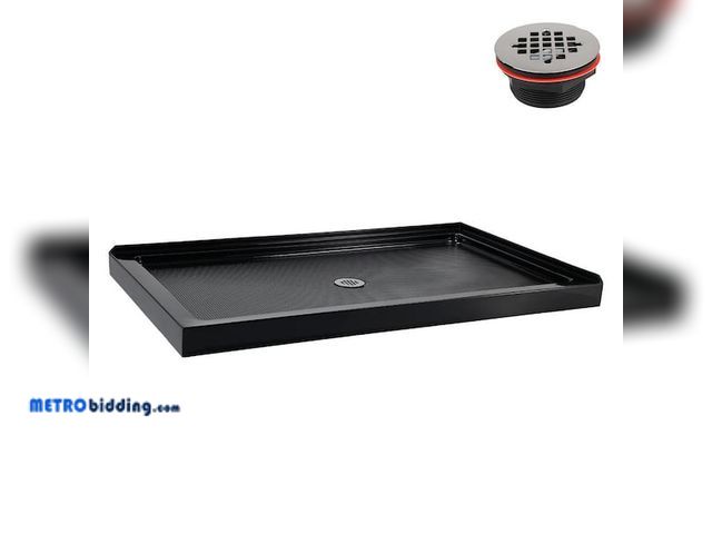 Lot 88-490890 - Streamline 60 in. L x 36 in. W Corner Acrylic Shower Pan Base in Glossy Black with Center Drain, Dra...