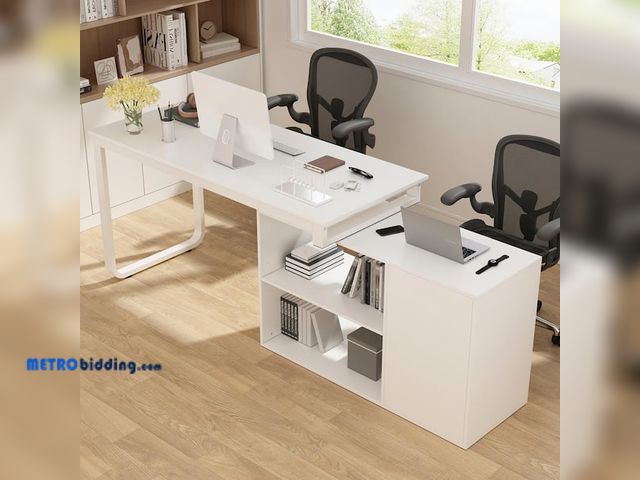 Lot 88-496311 - FUFU&amp;GAGA 55.1 W : L-Shaped White Finish 1-Drawer Wooden Commercial Writing Desk with Open Shelv...