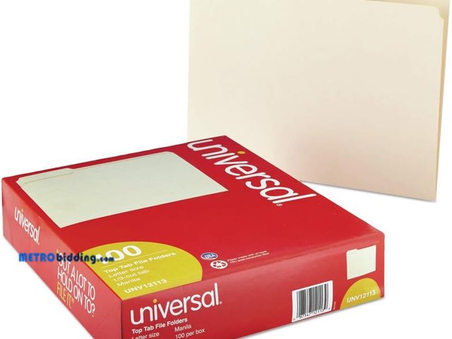 Lot 88-507955 - Universal UNV12113EE 1/3-Cut Assorted Top Tab File Folders - Letter Size, Manila (100/Box), da,aged,...