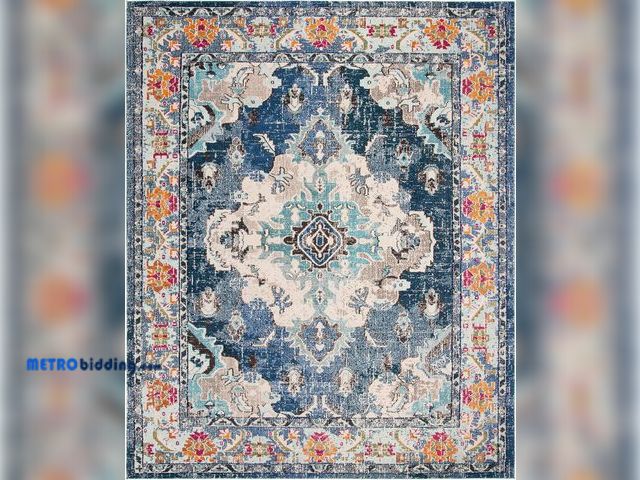 Lot 88-497685 - SAFAVIEH Monaco Collection Area Rug - 6' x 7', Navy &amp; Light Blue, Boho Chic Medallion Distressed...