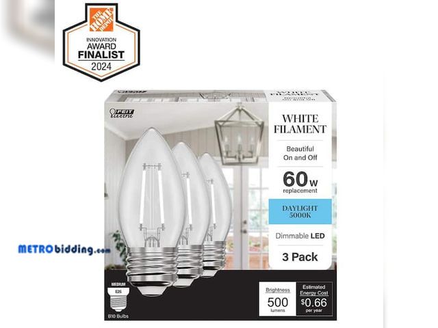 Lot 88-499253 - Feit Electric 60-Watt Equivalent B10 E26 Base Dim White Filament Clear Glass Chandelier LED Light Bu...