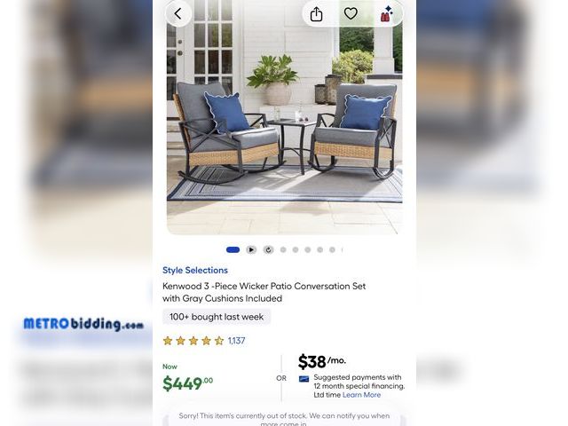 Lot 88-494385 - Kenwood 3 -Piece Wicker Patio Conversation Set with Gray Cushions Included, brand new in a box