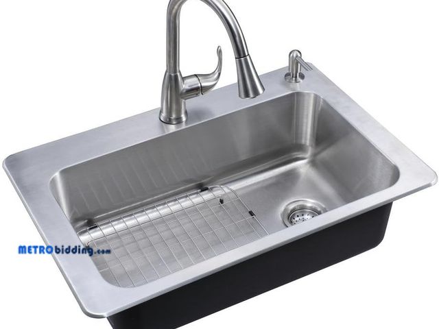 Lot 88-495276 - Glacier Bay All-in-One Drop-in Stainless Steel 33 in. 2-Hole Single Basin Kitchen Sink