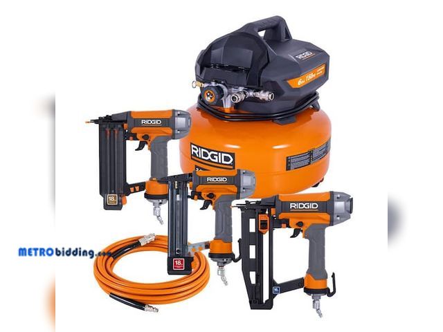 Lot 88-491977 - RIDGID 6 Gal. 150 PSI Electric Air Compressor with 25 ft. Hose, 18GA Brad Nailer, 16GA Finish Nailer...
