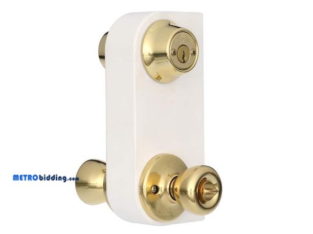 Lot 88-491850 - Kwikset Tylo Polished Brass Entry Door Knob and Double Cylinder Deadbolt Combo Pack with Microban An...