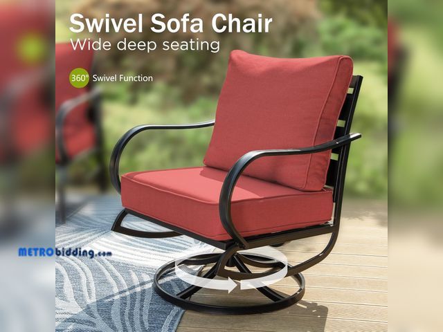 Lot 88-498747 - PHI VILLA Patio Furniture Chair, Full Metal with 5.8" Cushion for Deck, plus ottoman , Red MSRP: $42...