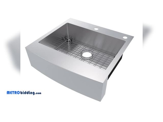 Lot 88-496931 - Glacier Bay Retrofit Drop-In/Undermount Stainless Steel 27 in. 2-Hole Single Bowl Curved Farmhouse A...
