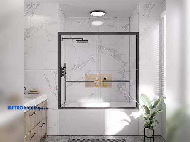 Lot 88-484377 - 56 - 60 in. W x 58 in. H Double Sliding Framed Tub Door in Matte Black with 1/4 in. Clear Tempered G...