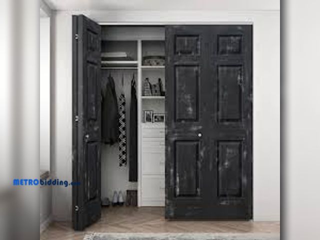 Lot 88-499474 - CALHOME 60 in. x 80 in. Vintage Black Stain 6 Panel MDF Composite Bi-Fold Double Closet, Bifold Door...