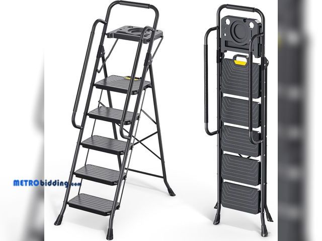 Lot 88-495792 - KINGRACK 5 Step Ladder, Sturdy Steel Step Stool with Anti-Slip Wide Pedals, Handrail, Safe-Lock Desi...