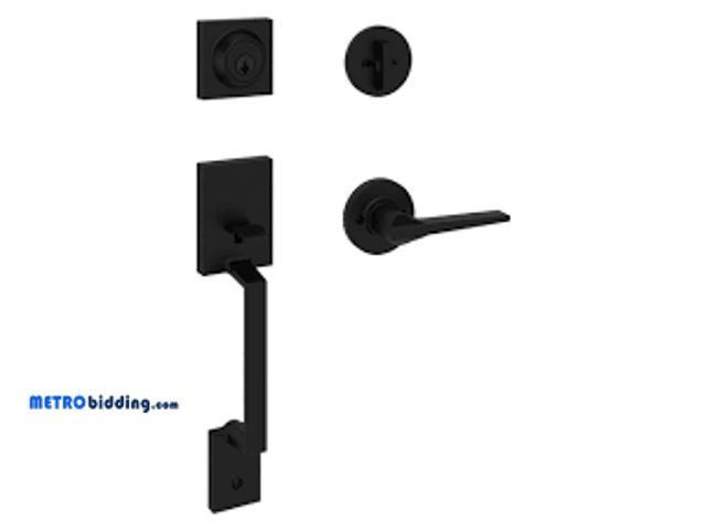 Lot 88-493316 - Kwikset Amador Matte Black Entry Door Handleset with Round Rose Hollis Handle Featuring SmartKey Sec...