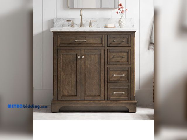 Lot 88-484378 - Roveland 36-in Deep Walnut Undermount Single Sink Bathroom Vanity with Natural Carrara Natural Marbl...