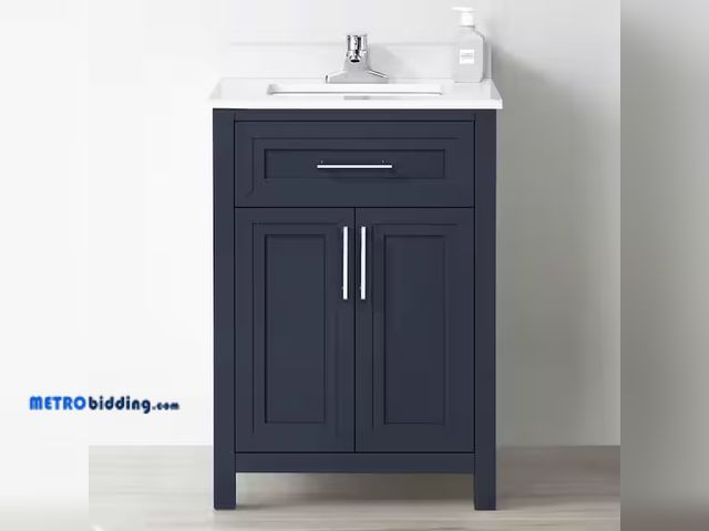 Lot 88-749623 - Beaufort 24 in. Single Sink Midnight Blue Bath Vanity with White Engineered Stone Top (Assembled), n...