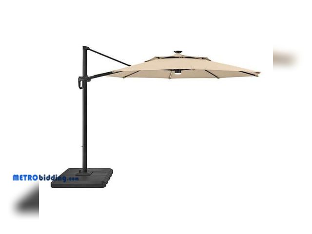 Lot 88-490878 - Hampton Bay 11 ft. Aluminum Cantilever Solar LED Offset Patio Umbrella in Putty Beige URM822013-Putt...