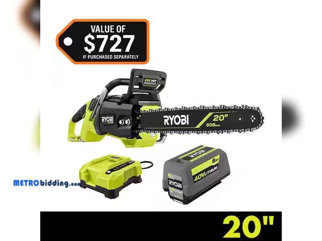 Lot 88-482930 - RYOBI
40V HP Brushless 20 in. Battery Chainsaw with 8.0 Ah Battery and Charger, MSRP:$479.00