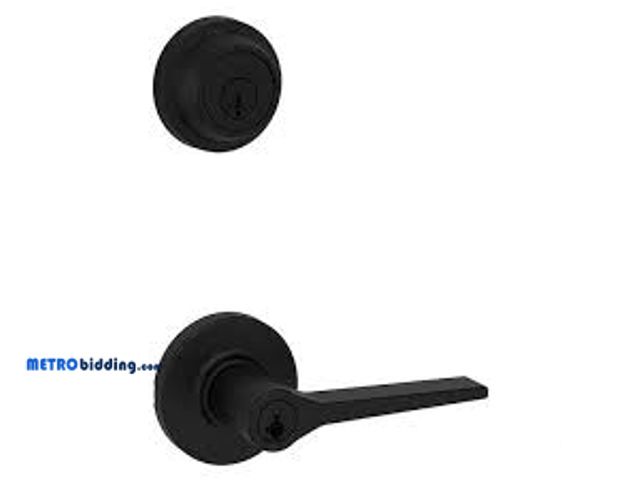 Lot 88-480749 - Kwikset Hollis Round Rose Matte Black Handle with Single Cylinder Deadbolt Combo Pack Featuring