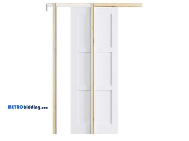 Lot 88-491597 - ARK DESIGN 28 in. x 80 in. Paneled 3-Lite White Primed MDF Pocket Sliding Door with Pocket Door Fram...