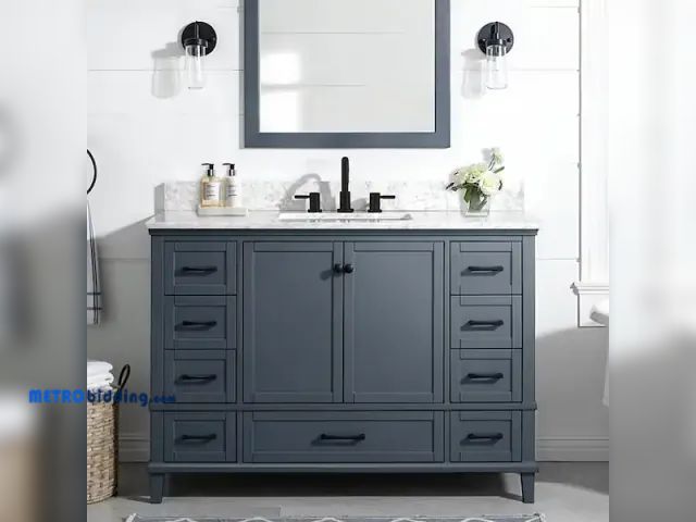 Lot 88-494389 - Merryfield 49 in. Single Sink Dark Blue-Grey Bath Vanity with White Carrara Marble Top (Assembled), ...