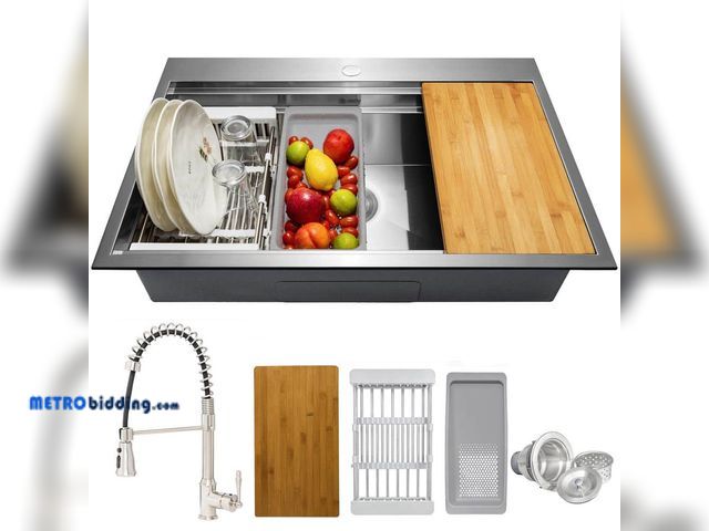 Lot 88-499583 - AKDY Handmade All-in-One Topmount Stainless Steel 33 in. x 22 in. Single Bowl Kitchen Sink w/ Spring...
