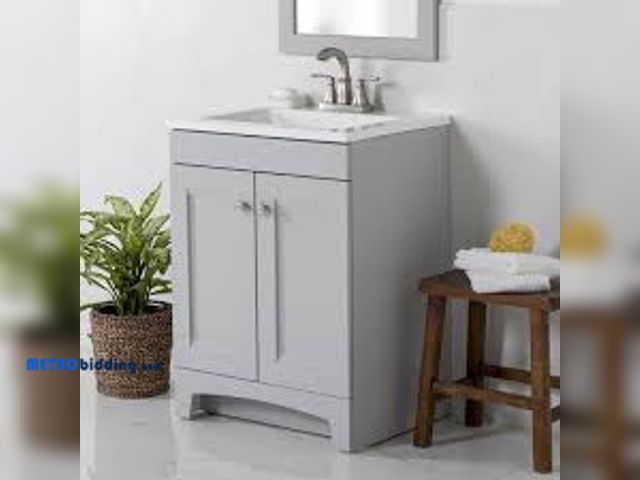 Lot 88-491357 - Glacier Bay Delridge 25 in. Single Sink Pearl Gray Bath Vanity with White Cultured Marble Top Assemb...