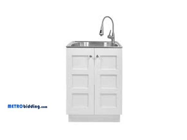 Lot 88-498805 - Glacier Bay 24 in. W x 21 in. D x 34 in. L Stainless Steel Laundry Sink with Faucet and Double Doors