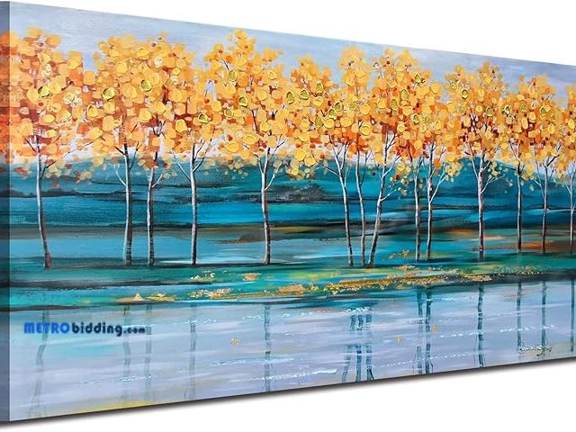 Lot 88-484251 - Ardemy Gold Ginkgo Tree Canvas Wall Art Nature Painting Modern Blue Landscape Mountain Artwork Sceni...