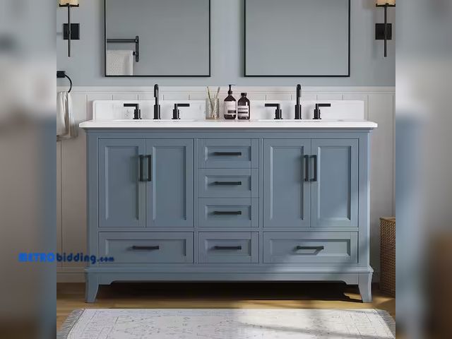 Lot 88-##### - Rawsonville 61 in. Double Sink Freestanding Steel Blue Bath Vanity with White Quartz Top and Backspl...