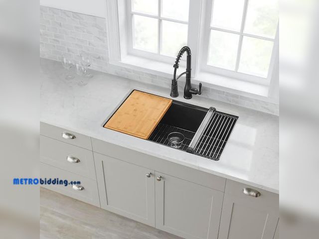Lot 88-503420 - Stonehaven 33 in Drop-In Single Bowl Black Onyx Granite Composite Workstation Kitchen Sink with Stai...