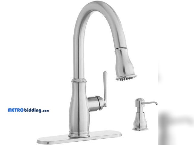 Lot 88-495372 - Glacier Bay Kagan Single-Handle Pull-Down Sprayer Kitchen Faucet with Soap Dispenser in Stainless Sp...