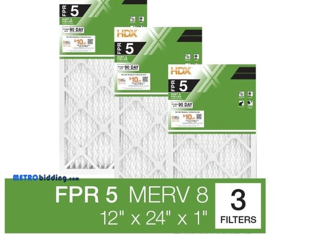 Lot 88-482809 - HDX 12 in. x 24 in. x 1 in. Standard Pleated Furnace Air Filter FPR 5, MERV 8 (3-Pack)