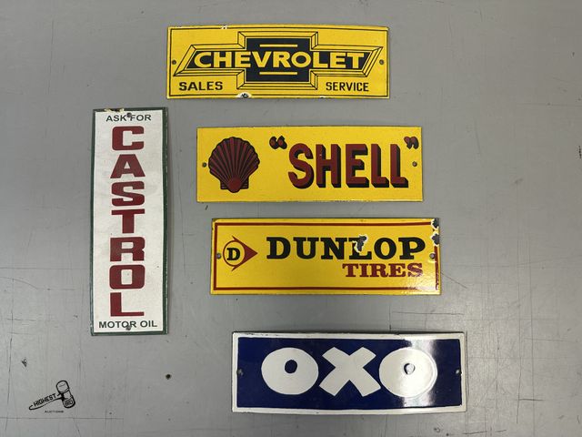 Lot 91-6186 - 5 VINTAGE METAL PORCELAIN SIGNS - 4" X 12" - CHEVROLET SALES SERVICE - SHELL - DUNLOP TIRES - OXO - ...
