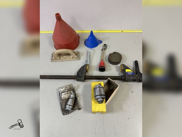 Lot 91-6455 - BOX FULL OF MISC TOOLS INCLUDING 2 PIPE EXPANDERS, 2 FUNNELS, SANDING BLOCK, SHARPENING STONE, AND A...