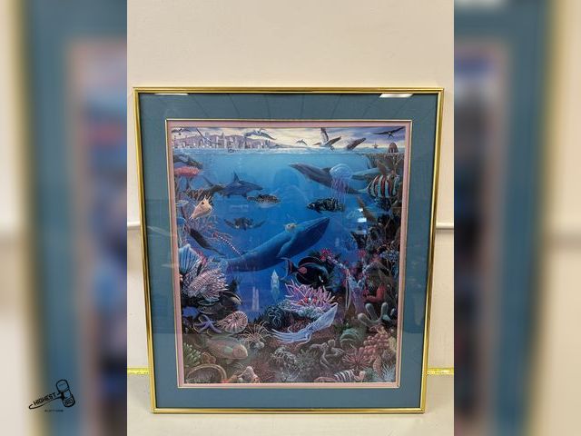Lot 91-8287 - " WATER'S EDGE " BY CHARLES LYNN BRAGG 32" X 37" WALL PICTURE WITH BRASS FRAME