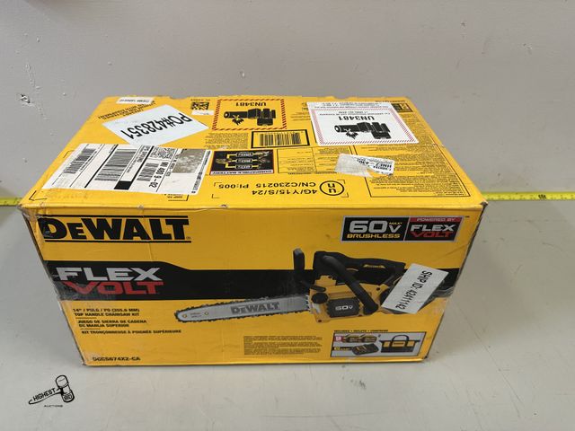 Lot 91-7390 - New DEWALT DCCS674X2-CA msrp $829.00 DeWalt 60V Max 14” Chainsaw Kit with (2) Flexvolt Batteries, Ch...