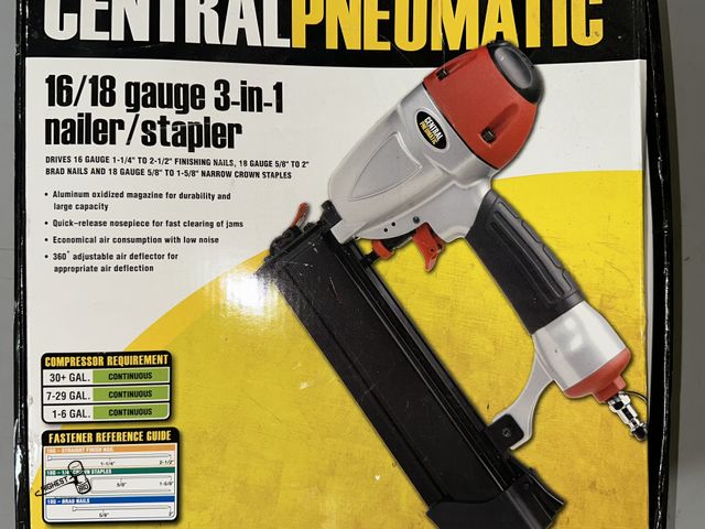 Lot 91-9531 - New CENTRAL PNEUMATIC 16/18 GAUGE 3-IN-1 NAILER/STAPLER DRIVES STRAIGHT FINISH NAIL, CROWN STAPLES &...