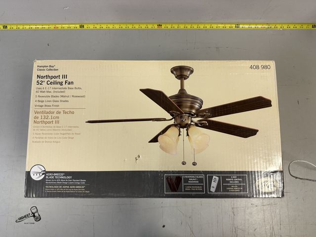Lot 91-6199 - HAMPTON BAY CLASSIC COLLECTION NORTHPORT III 52" CEILING FAN - USES 4 E-17 INTERMEDIATE BASE BULBS -...