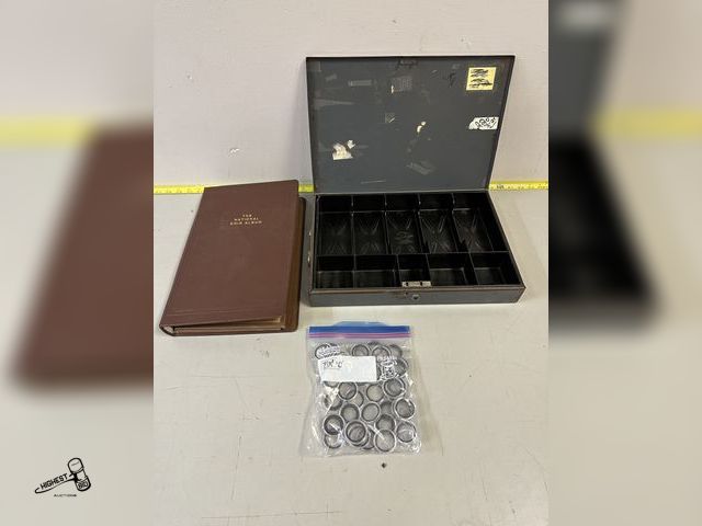 Lot 91-7399 - STEEL CASH BOX &amp; THE NATIONAL COIN ALBUM BINDER WITH COIN CASES